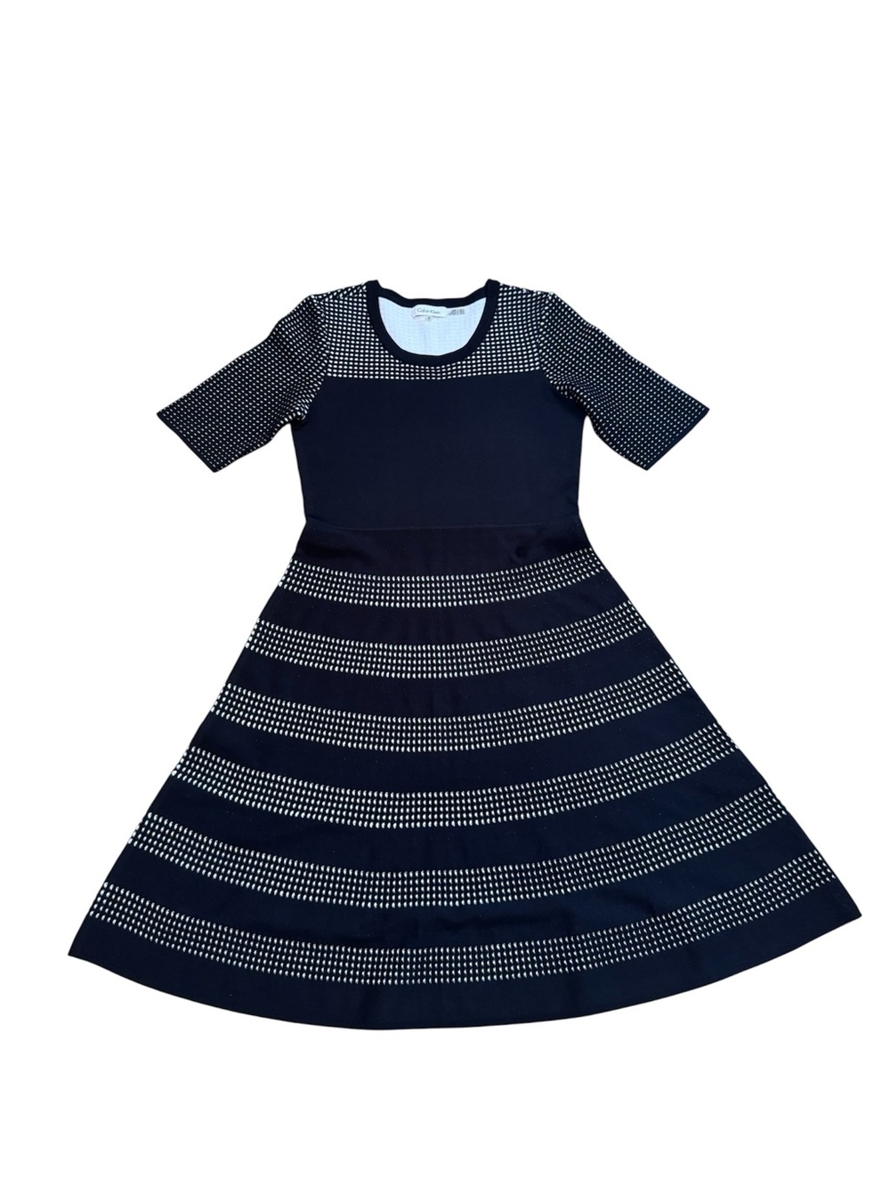 Calvin Klein Black Fit & Flare Knit Dress White Dot Medium Midi